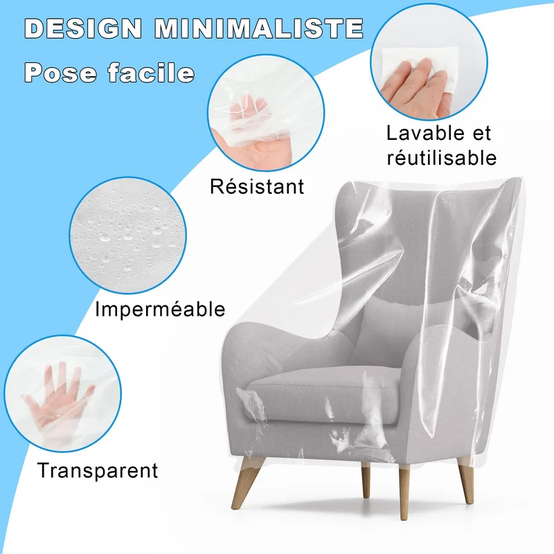 Housse de protection fauteuil et canapé en plastique transparent 100% imperméable