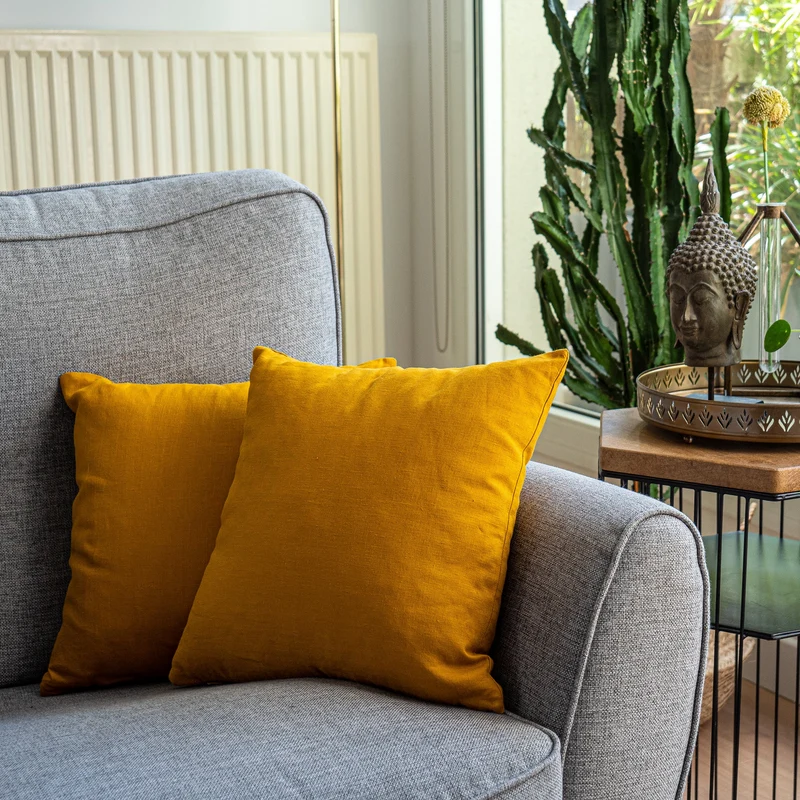 Housse de coussin en lin lavé - Jaune Moutarde