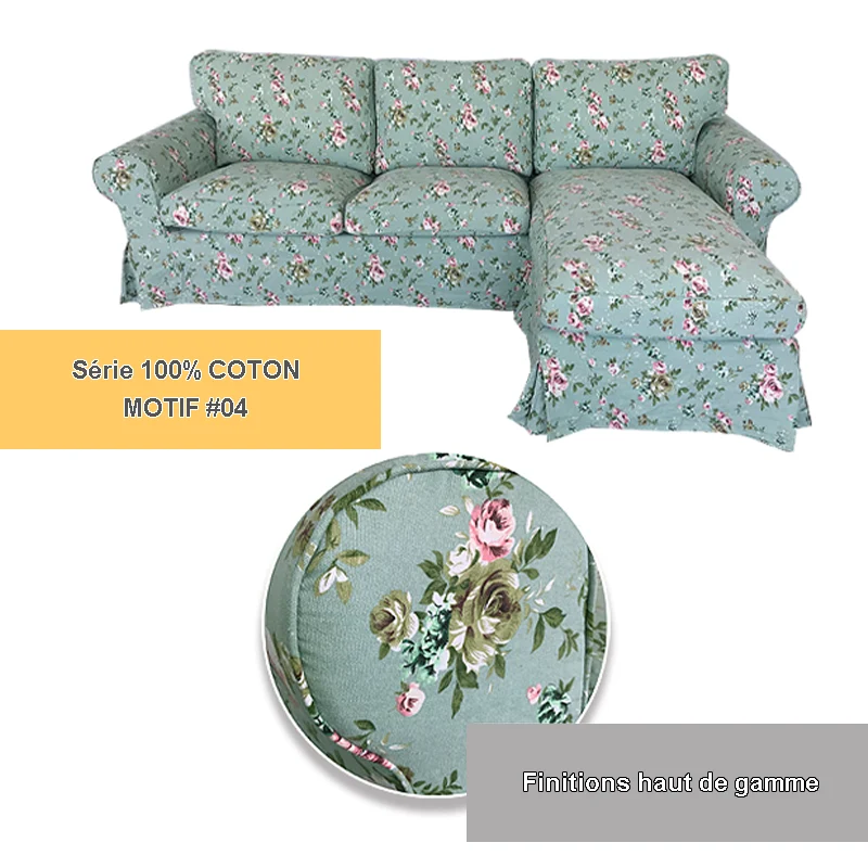 Housse pour canapé d'angle IKEA EKTORP 2 places + méridienne - motifs imprimés 100% coton