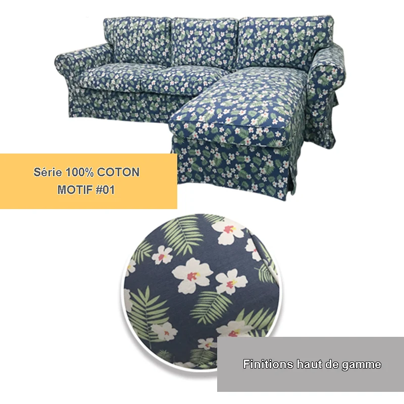 Housse pour canapé d'angle IKEA EKTORP 2 places + méridienne - motifs imprimés 100% coton