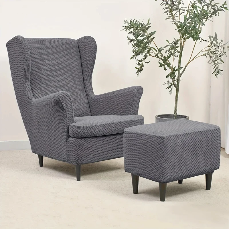 Housse pour fauteuil IKEA Strandmon + repose pieds velours damassé - Lot de 3 housses