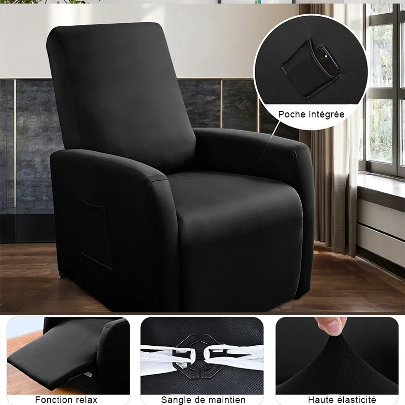 Housse pour fauteuil relax relevable dossier long lycra déperlant couleurs unies