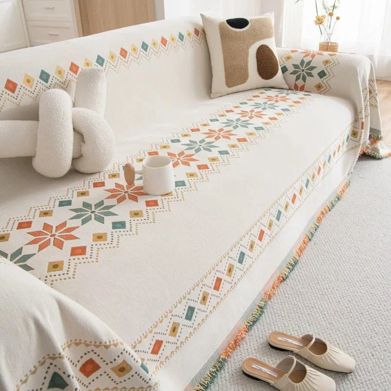 Plaid jeté de canapé grande taille double face style bohème ethnique chenille renforcée