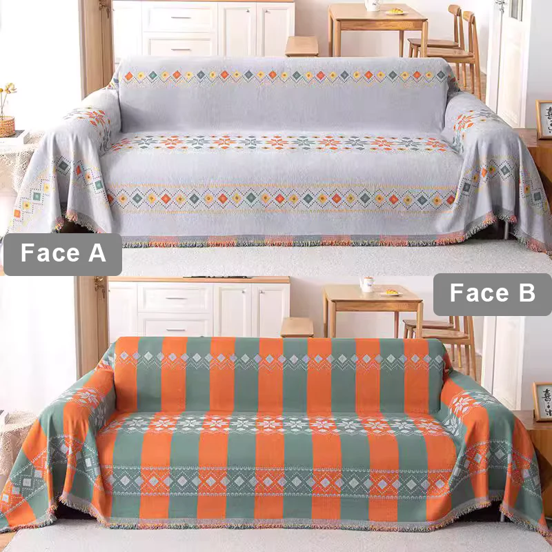 Plaid jeté de canapé grande taille double face style bohème ethnique chenille renforcée