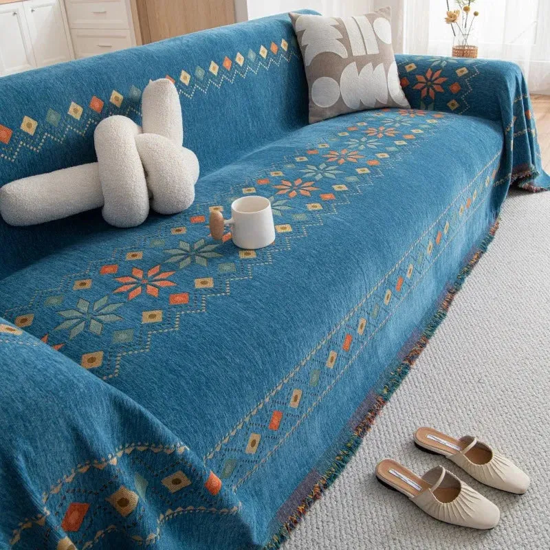 Plaid jeté de canapé grande taille double face style bohème ethnique chenille renforcée