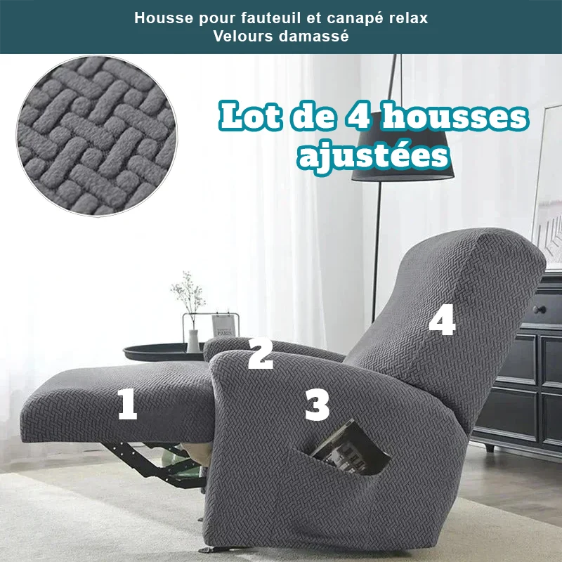 Housse pour fauteuil relax avec repose-pieds mécanique velours damassé