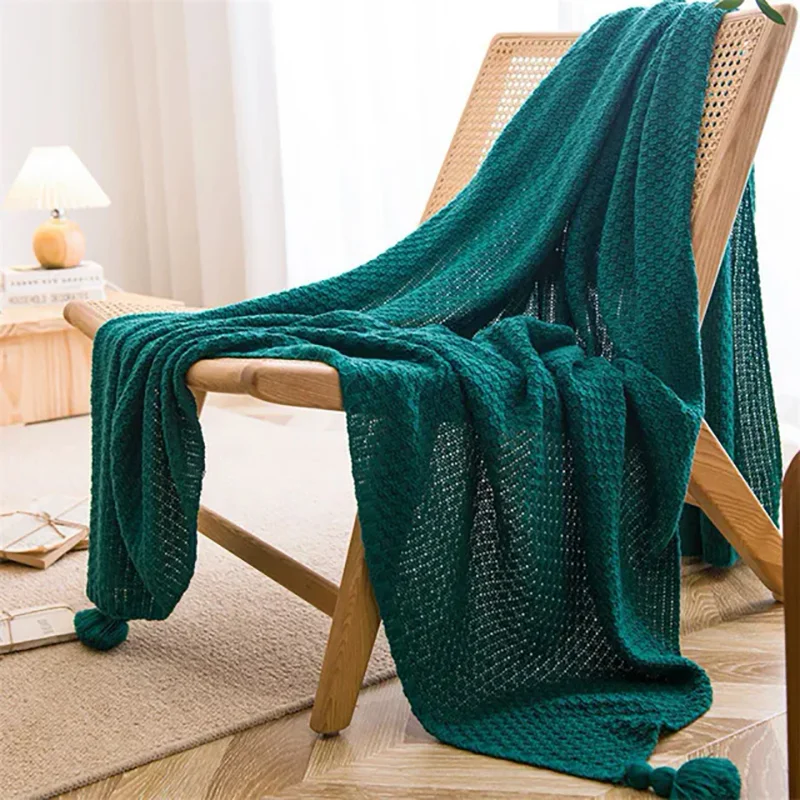 Plaid Macramé Bleu Canard à Pompons