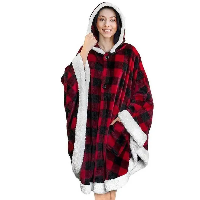 Plaid Poncho Sweat Cape Rouge carreaux