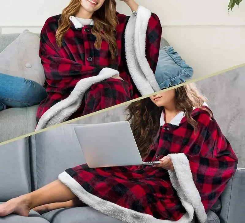 Plaid Poncho Sweat Cape Rouge carreaux