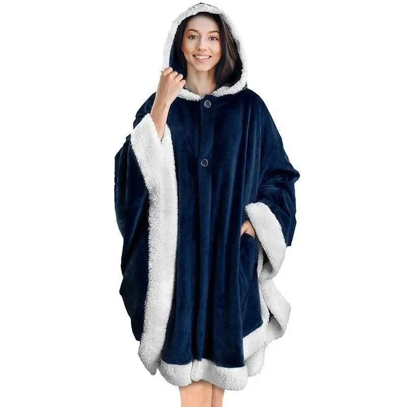Plaid Poncho Sweat Cape Bleu