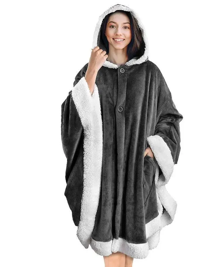 Plaid Poncho Sweat Cape Gris