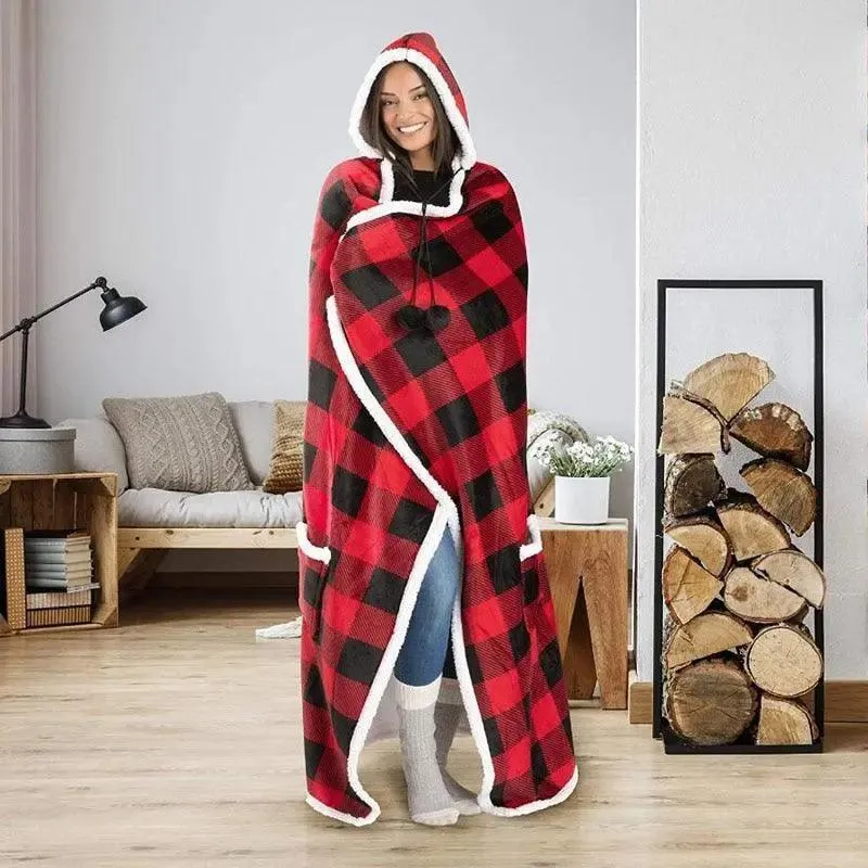 Couverture Plaid Capuche Géant - Rouge carreaux