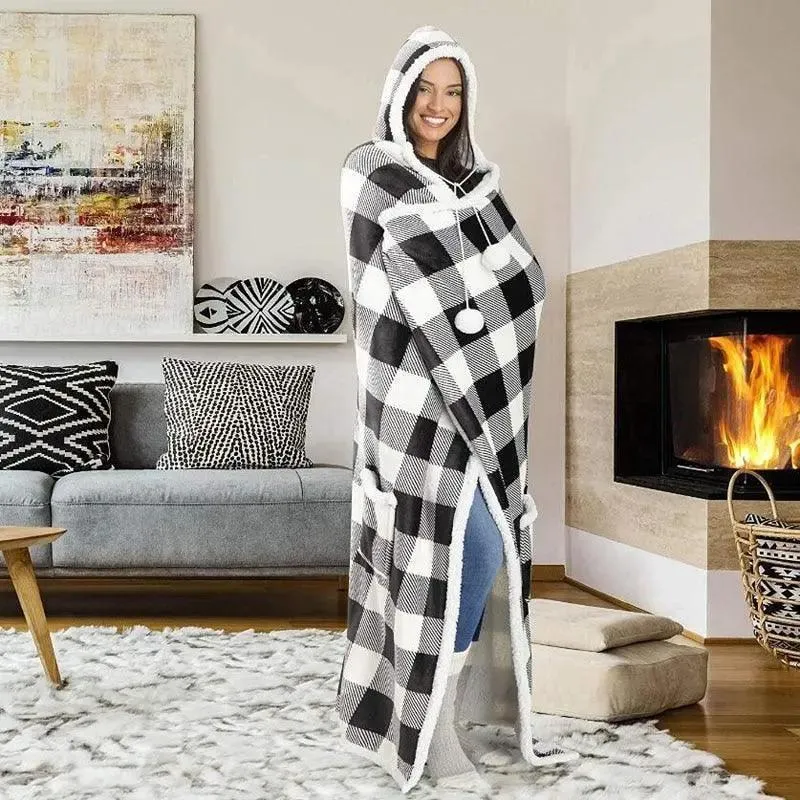 Couverture Plaid Capuche Géant - Noir carreaux