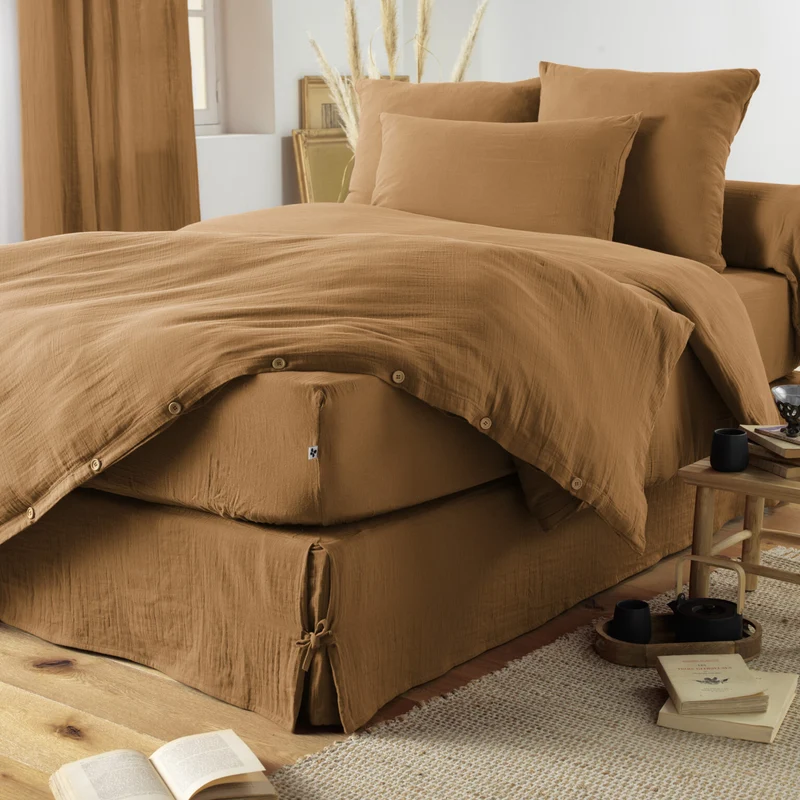 Drap housse 90 x 190 cm Gaze de coton - GAÏA Camel