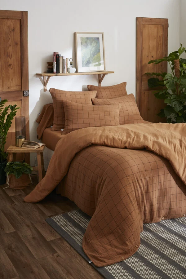 Housse de couette réversible 140 x 200 cm Gaze de coton GAÏA MATCH Camel