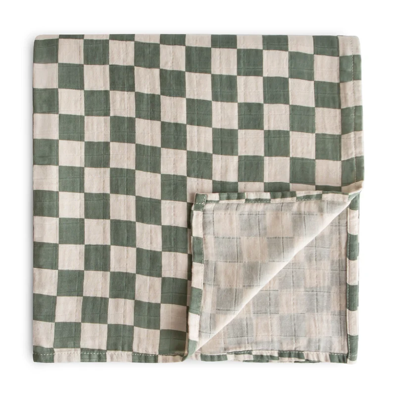 Couverture en mousseline de coton biologique - Carreaux Vert
