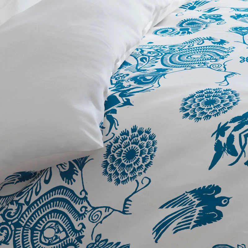 Housse de couette + taie(s) d'oreiller satin de coton - Love stories bleu/blanc