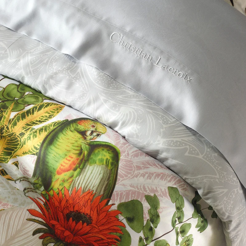 Housse de couette + taie(s) d'oreiller satin de coton - Jardin d'hiver gris perle