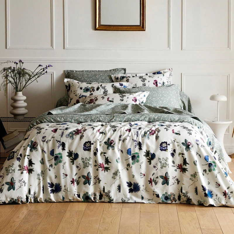 Drap plat satin de coton - Botanique Vert