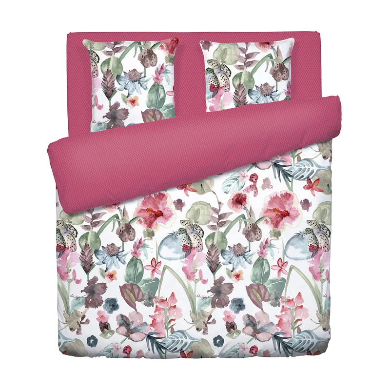 Housse de couette + taie(s) d'oreiller satin de coton - Exotique Framboise