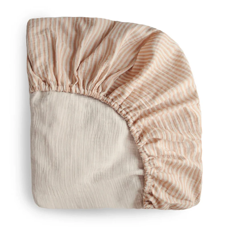 Drap Contour pour Lit de Bébé Mousseline - Rayure Naturel
