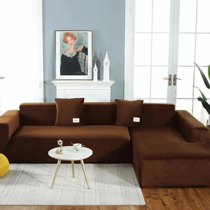 Housse de Canapé d’Angle Velours Marron