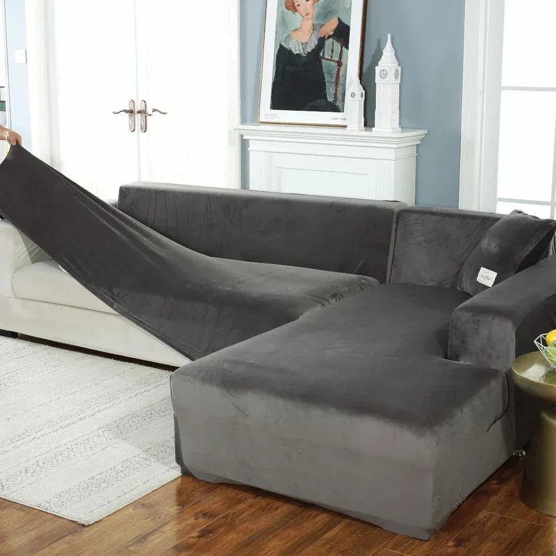 Housse de Canapé d’Angle Velours Gris