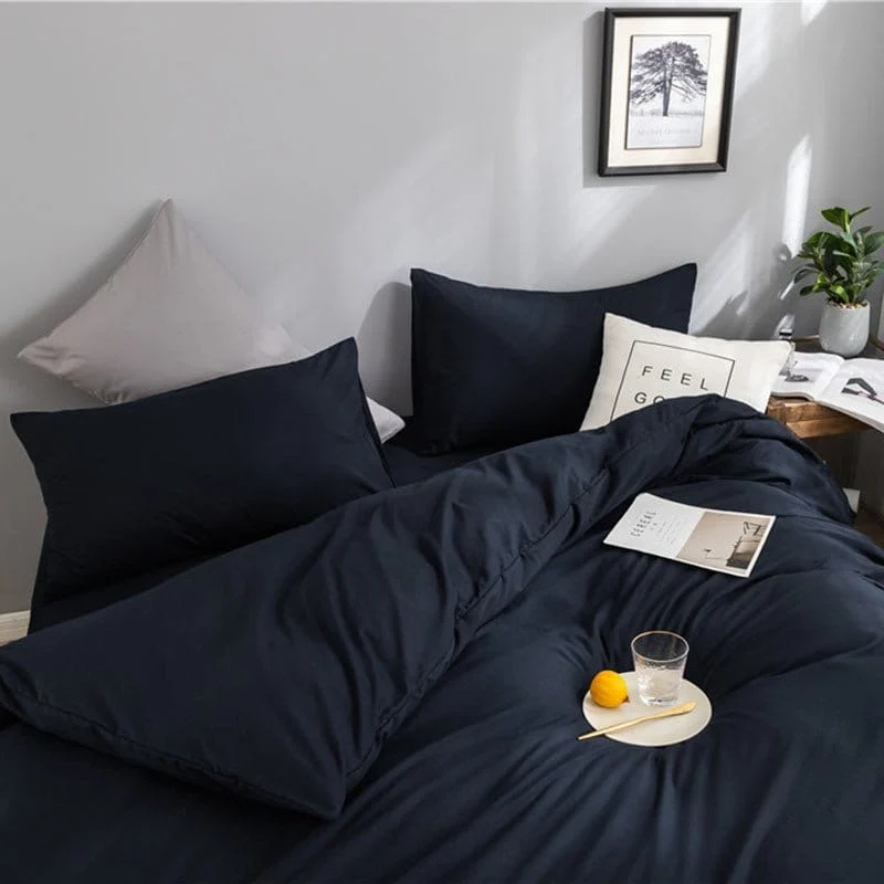 Bleu marine - Drap housse / Housse de couette / 2 taies d'oreiller