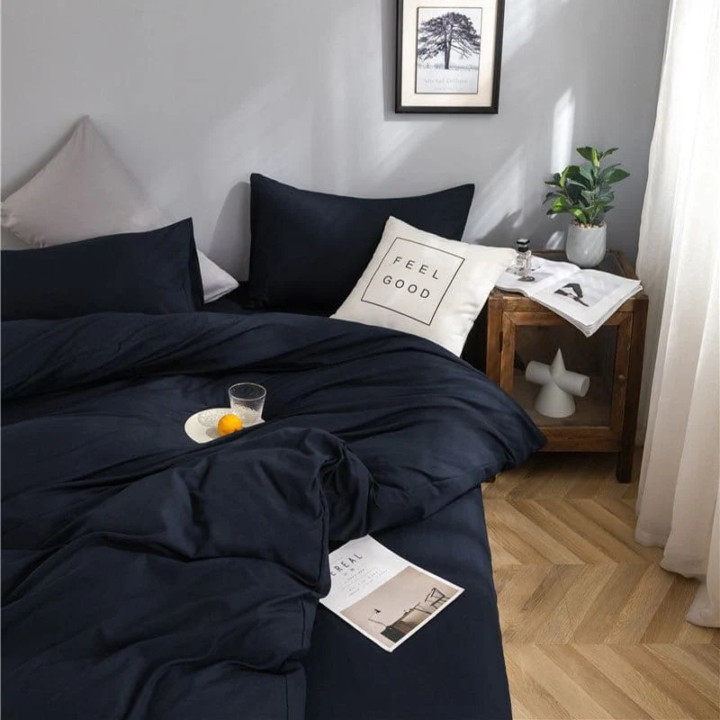 Bleu marine - Drap housse / Housse de couette / 2 taies d'oreiller