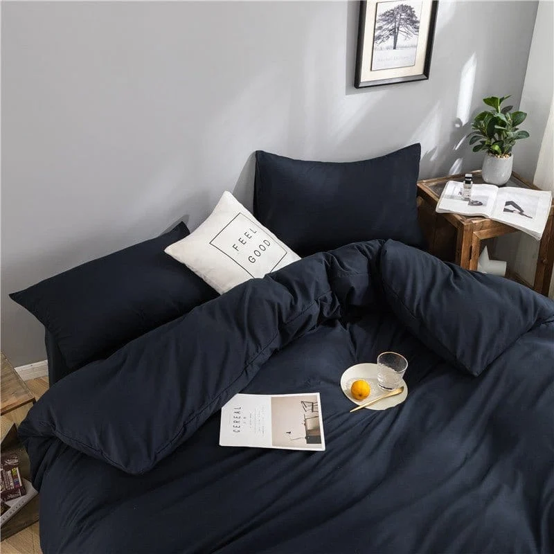Bleu marine - Drap housse / Housse de couette / 2 taies d'oreiller