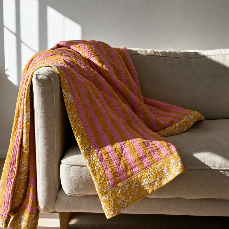 Plaid, Quilt Ethnic - lille blomst-gul/pink
