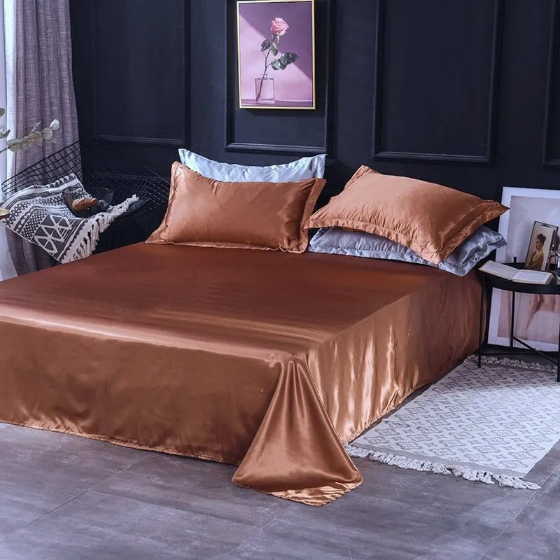 Marron type satin - Drap housse / Housse de couette / 2 taies d'oreiller