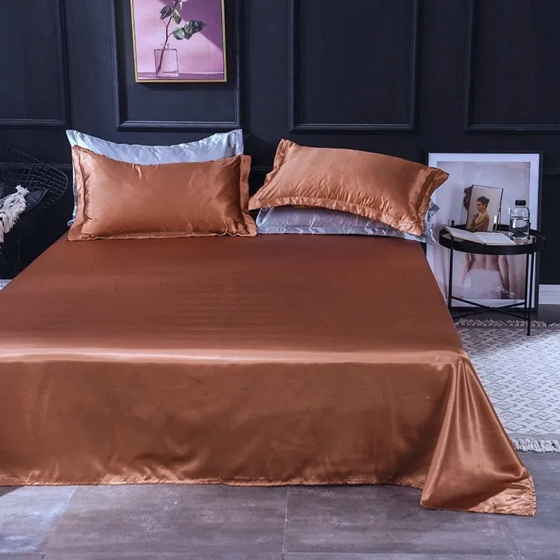 Marron type satin - Drap housse / Housse de couette / 2 taies d'oreiller