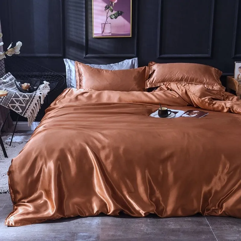 Marron type satin - Drap housse / Housse de couette / 2 taies d'oreiller