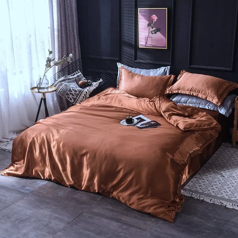 Marron type satin - Drap housse / Housse de couette / 2 taies d'oreiller
