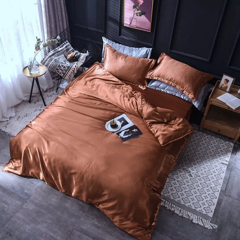 Marron type satin - Drap housse / Housse de couette / 2 taies d'oreiller