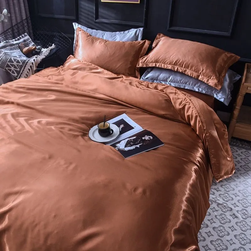 Marron type satin - Drap housse / Housse de couette / 2 taies d'oreiller