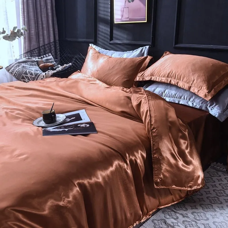 Marron type satin - Drap housse / Housse de couette / 2 taies d'oreiller