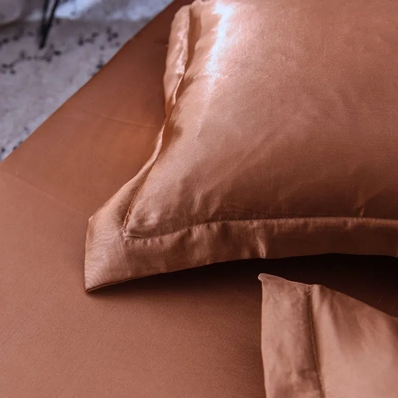 Marron type satin - Drap housse / Housse de couette / 2 taies d'oreiller