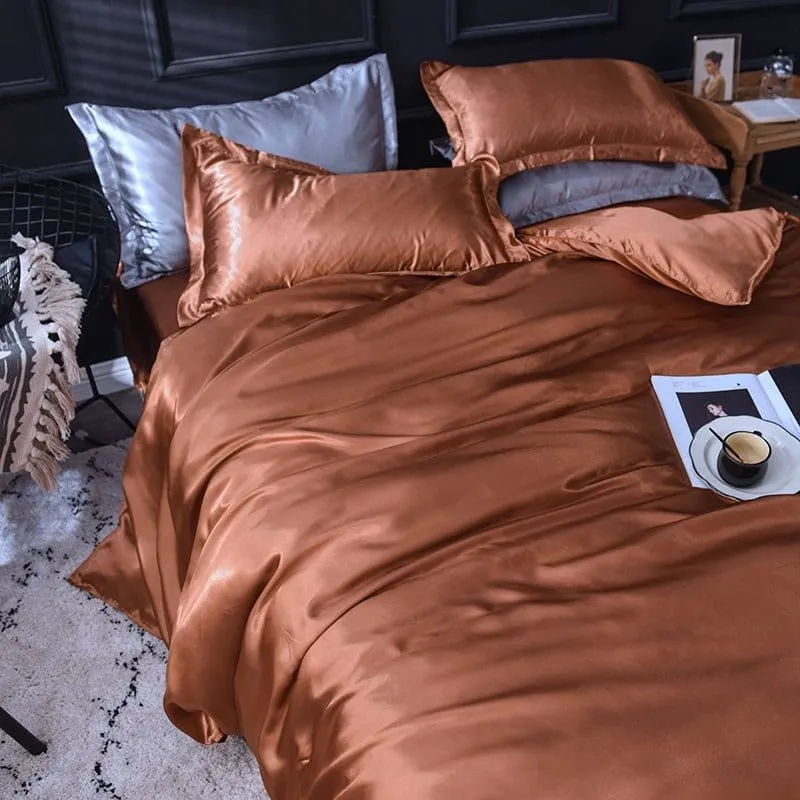 Marron type satin - Drap housse / Housse de couette / 2 taies d'oreiller