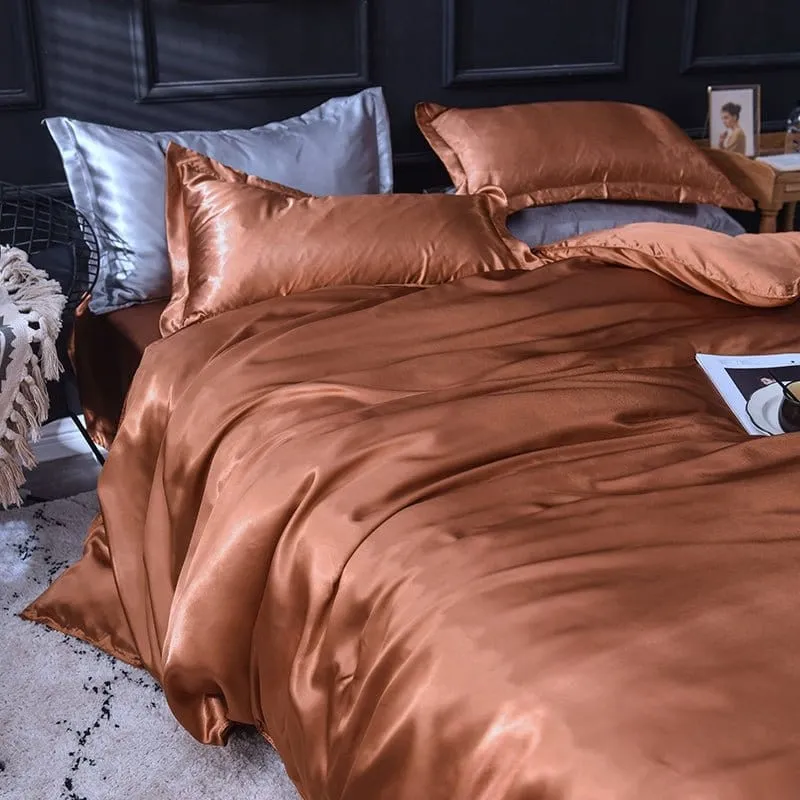 Marron type satin - Drap housse / Housse de couette / 2 taies d'oreiller