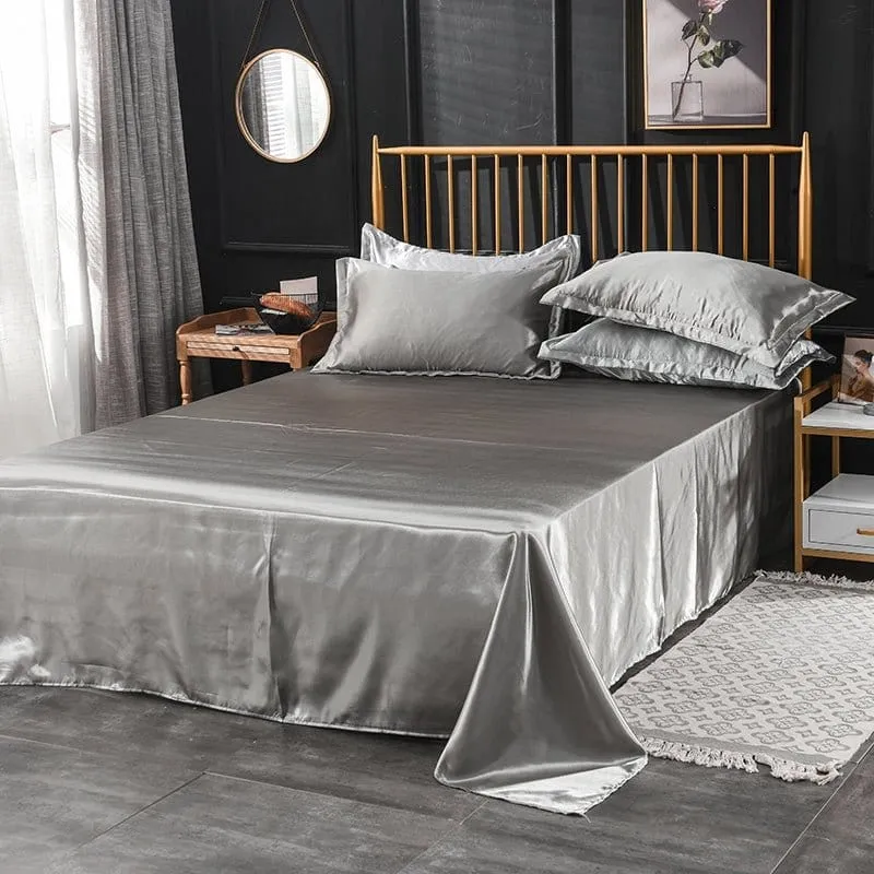 Gris type satin - Drap housse / Housse de couette / 2 taies d'oreiller