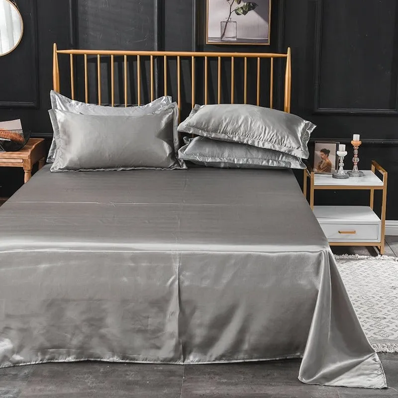 Gris type satin - Drap housse / Housse de couette / 2 taies d'oreiller