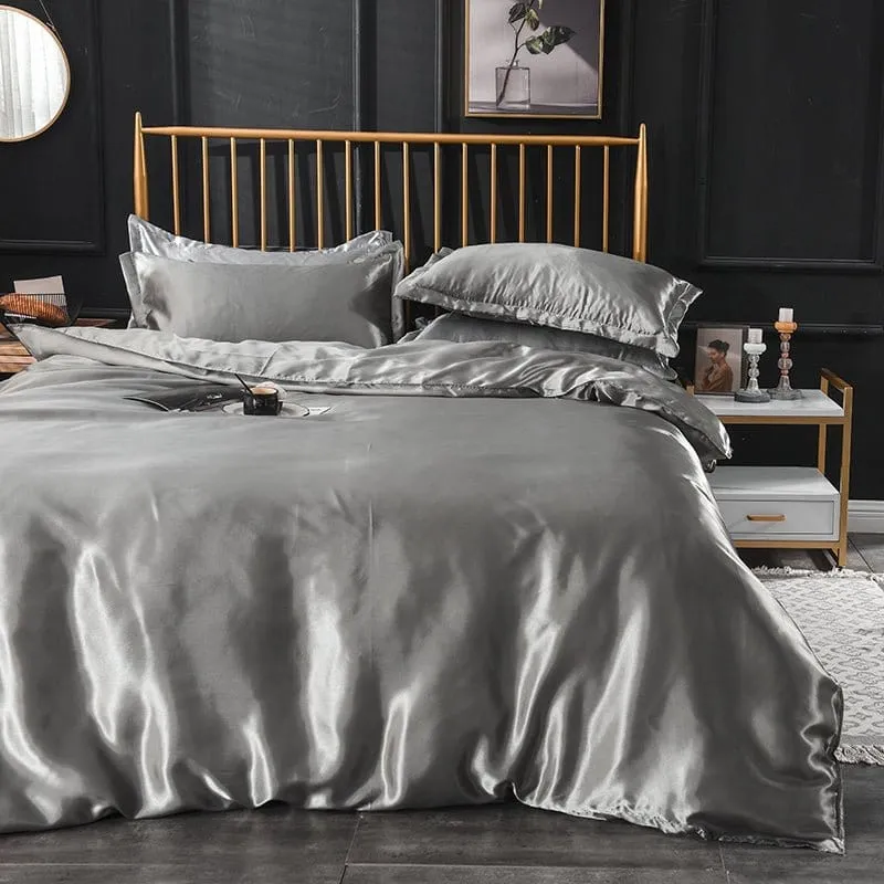 Gris type satin - Drap housse / Housse de couette / 2 taies d'oreiller