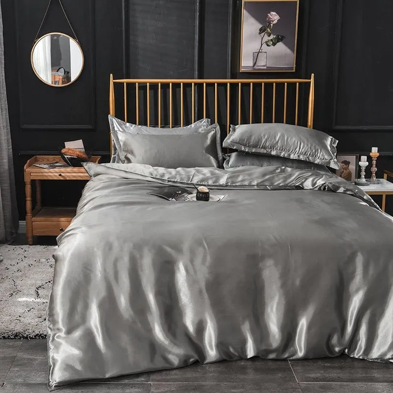 Gris type satin - Drap housse / Housse de couette / 2 taies d'oreiller