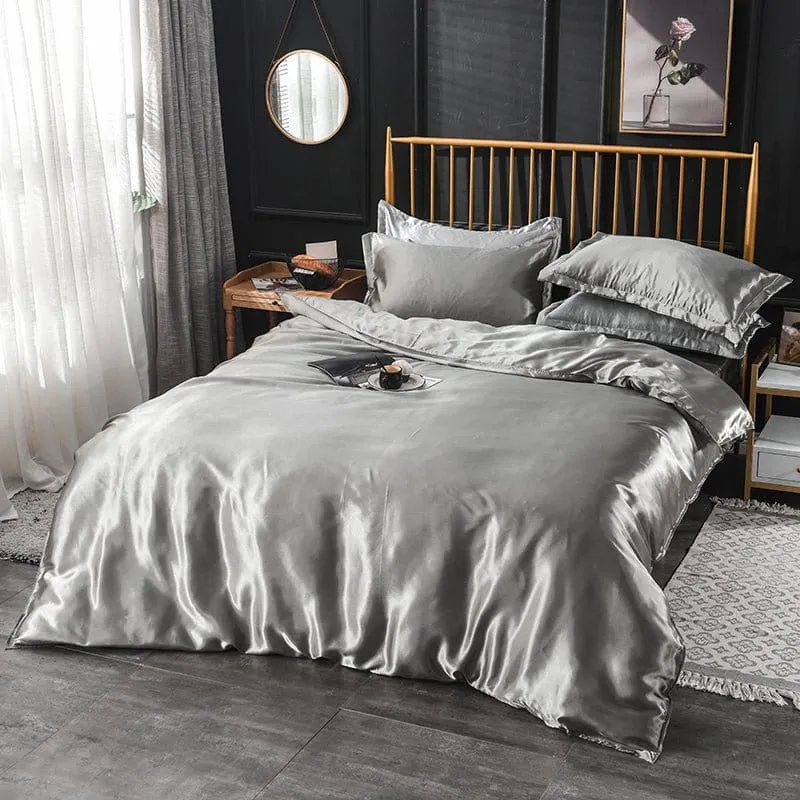 Gris type satin - Drap housse / Housse de couette / 2 taies d'oreiller