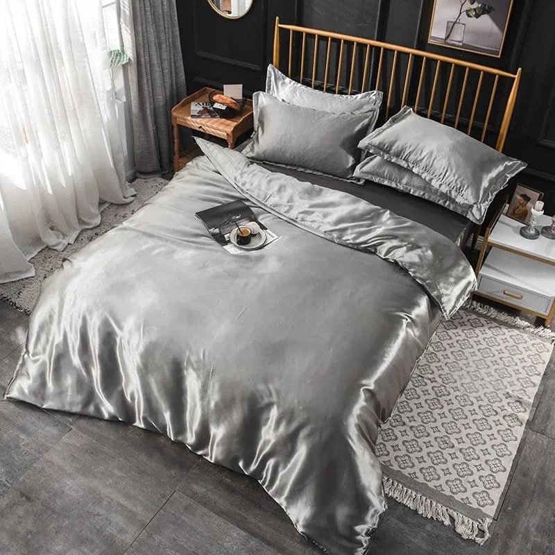 Gris type satin - Drap housse / Housse de couette / 2 taies d'oreiller
