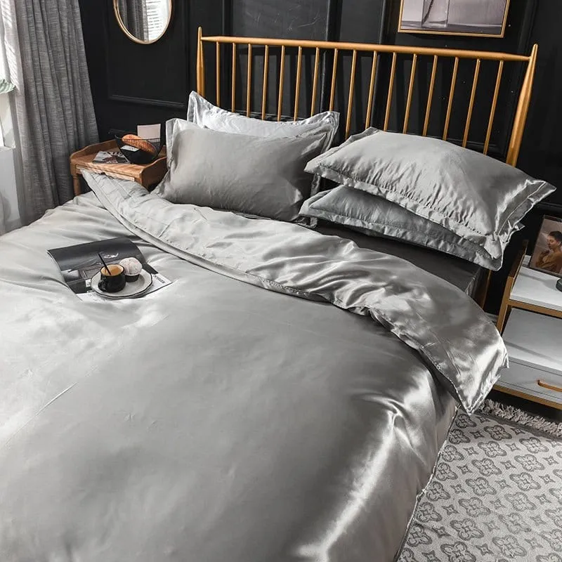 Gris type satin - Drap housse / Housse de couette / 2 taies d'oreiller