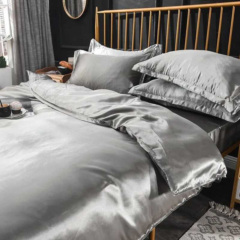 Gris type satin - Drap housse / Housse de couette / 2 taies d'oreiller