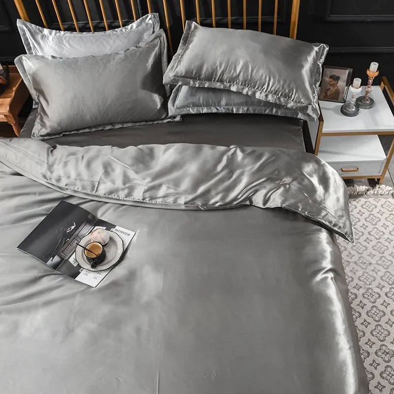 Gris type satin - Drap housse / Housse de couette / 2 taies d'oreiller